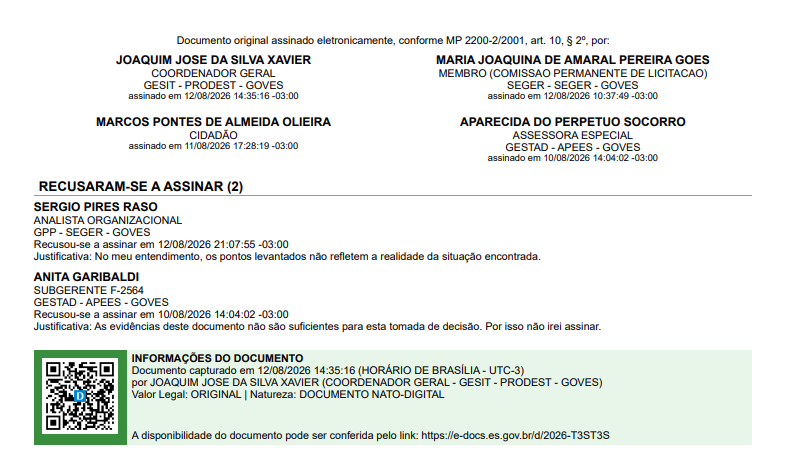 Exemplo de folha de metadados mostrando os que assinaram (com nome, cargo, lotação e data/hora) e os que se recusaram a assinar, cada recusa acompanhada de sua justificativa