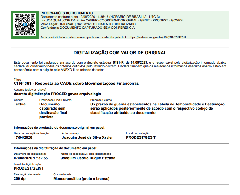 Folha de metadados da Digitalização com Valor de Original: tarja verde de original e tabela com os metadados do Anexo II declarados na captura