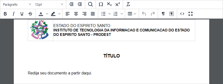 Editor de texto do E-Docs, com as barras de ferramentas e a área de edição exibindo um exemplo de documento oficial