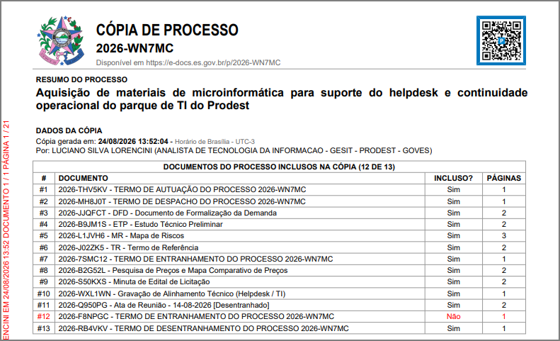 Página de capa de uma cópia de processo, com o cabeçalho "Cópia de Processo" e o protocolo, o resumo do processo, os dados da geração (quem gerou e quando) e um quadro-resumo listando todas as peças do processo com número, nome, coluna "Incluso?" e número de páginas