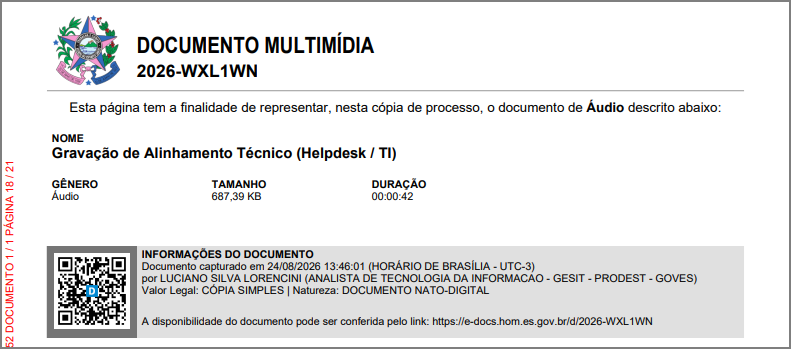 Página de Documento Multimídia gerada na cópia para representar uma peça de áudio ou vídeo, mostrando o nome, o tamanho e a duração do arquivo