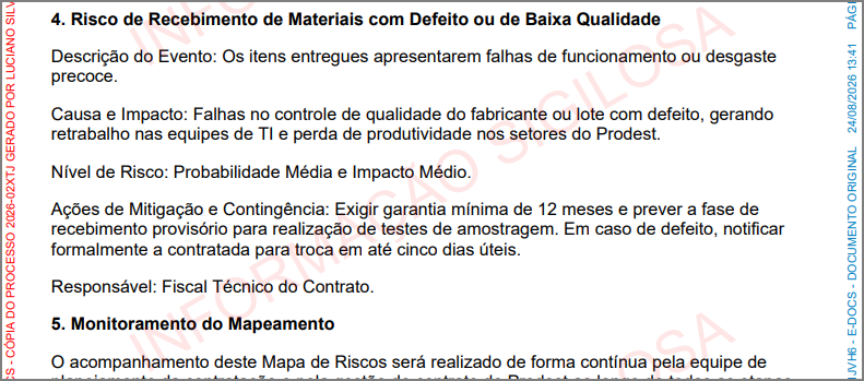 Página de uma peça sigilosa na cópia, com a marca d'água diagonal "INFORMAÇÃO SIGILOSA" repetida sobre o conteúdo