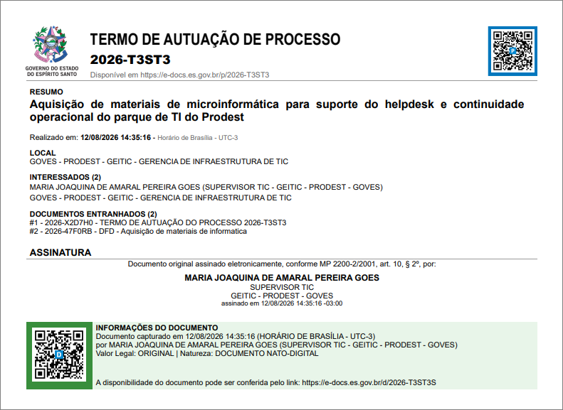 Exemplo de Termo de Autuação: documento em PDF gerado pelo E-Docs, com o número do processo, os dados da autuação (resumo, classe documental, interessados e local) e a assinatura eletrônica de quem autuou
